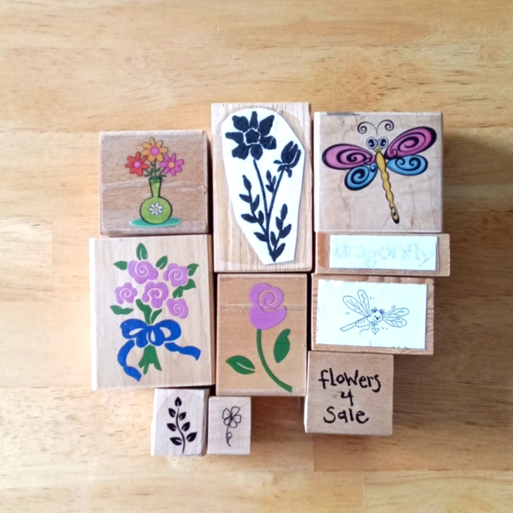 10 Flower Themed Wood Mount Rubber Stamps - Used